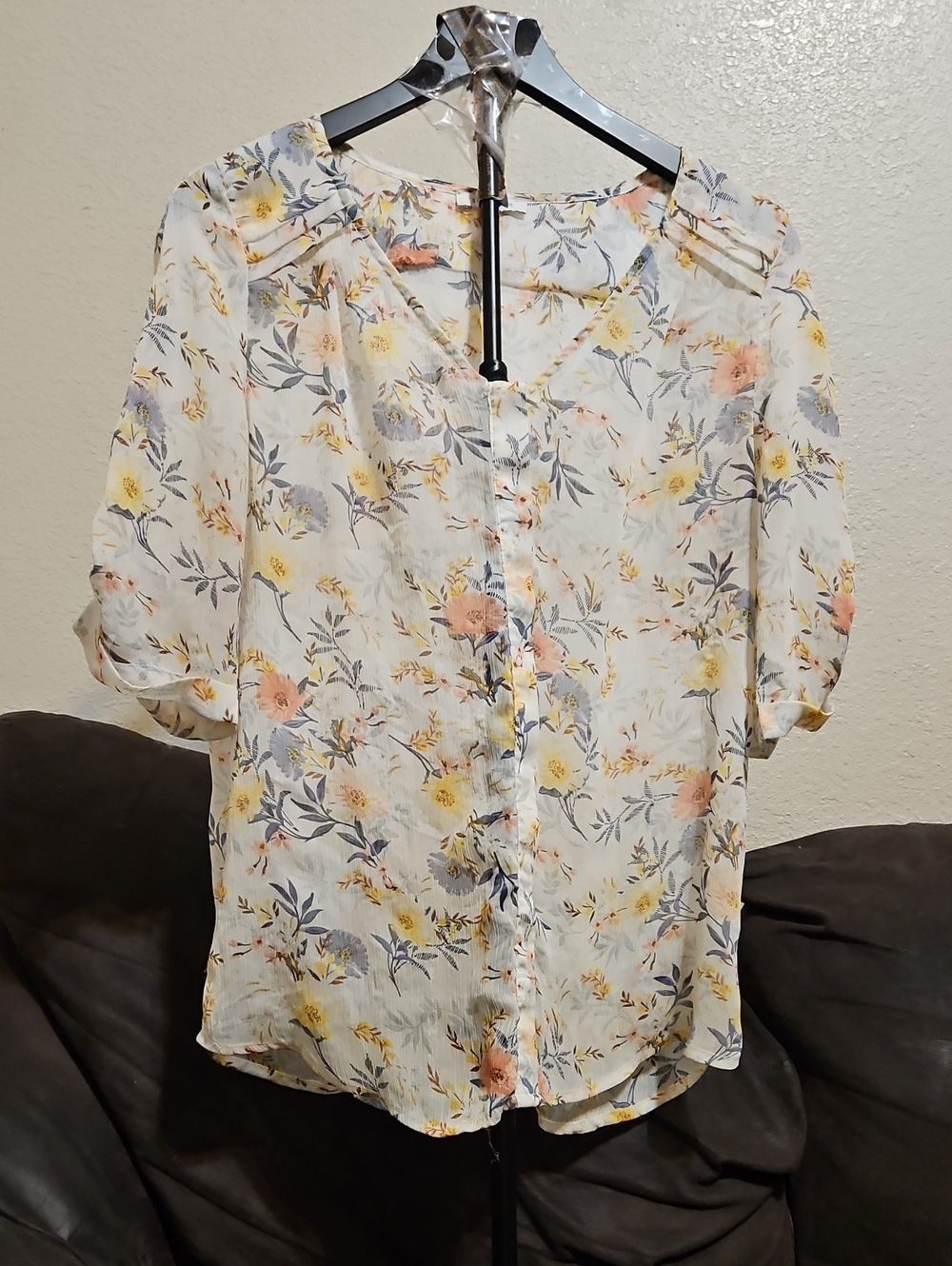 Skies Are Blue Cream Floral Button-Up Blouse with Pastel Pink and Yellow Flowers